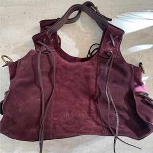 Francesco Biasia Suede & Leather Boho Shoulder Bag – Wine/Burgundy